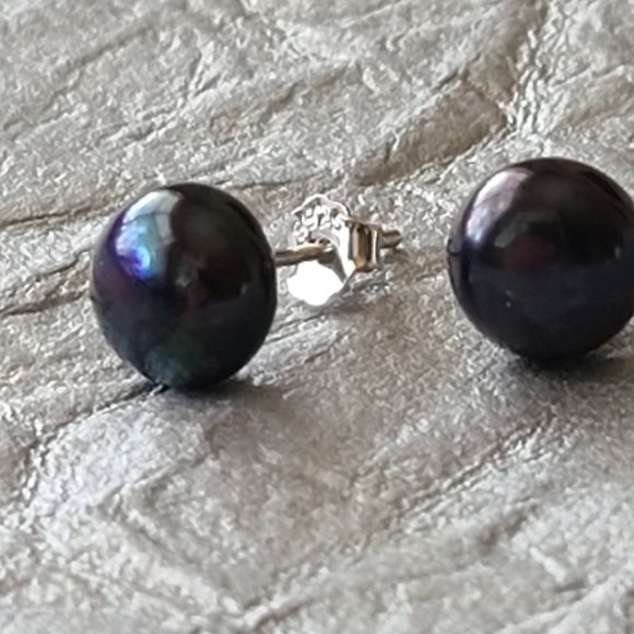 Black Freshwater Pearl Earrings-Stud earrings - Picture 6 of 8